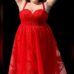 Custom Red Swiss Dot Tulle Corset Bustier Tea Length Gown